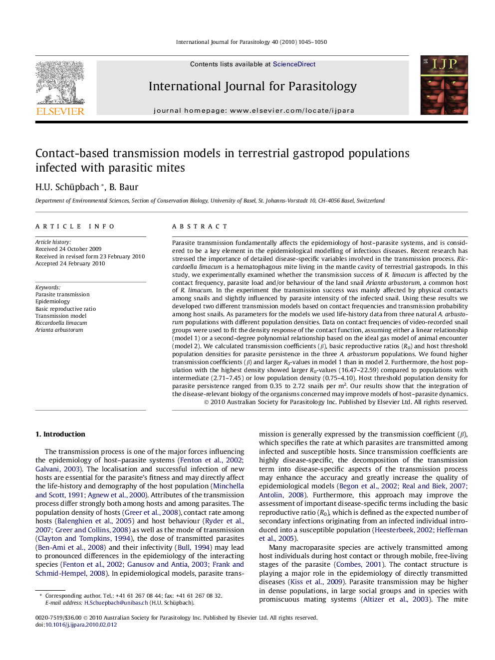 Contact-based transmission models in terrestrial gastropod populations infected with parasitic mites