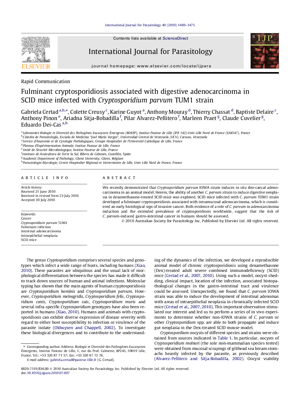 Fulminant cryptosporidiosis associated with digestive adenocarcinoma in SCID mice infected with Cryptosporidium parvum TUM1 strain