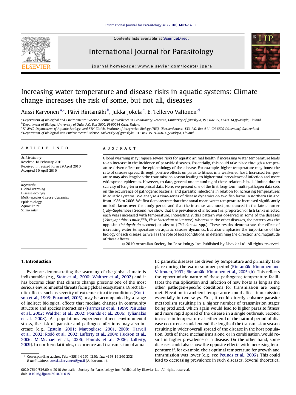 Increasing water temperature and disease risks in aquatic systems: Climate change increases the risk of some, but not all, diseases