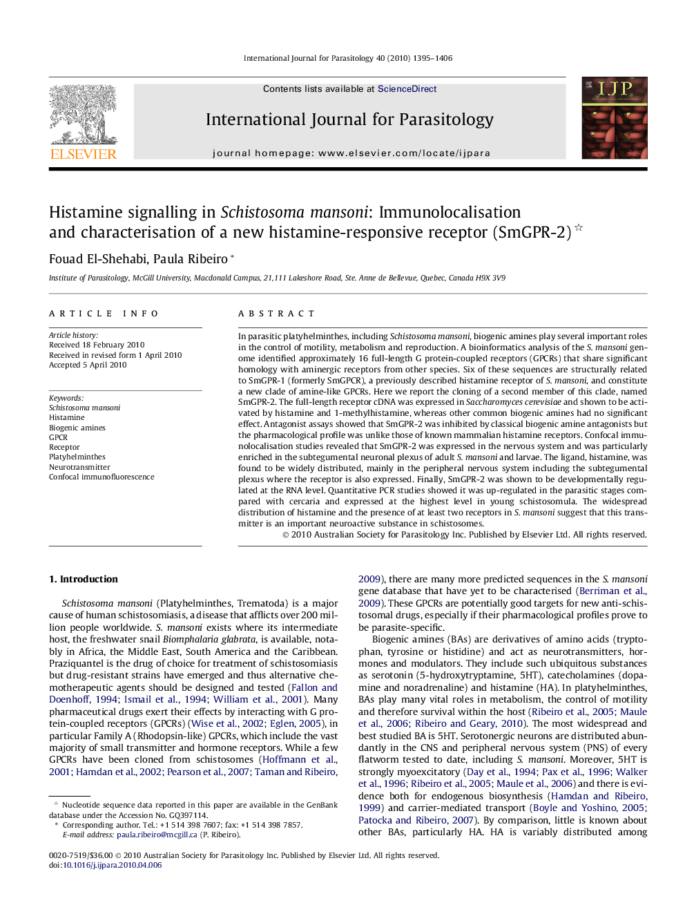 Histamine signalling in Schistosoma mansoni: Immunolocalisation and characterisation of a new histamine-responsive receptor (SmGPR-2) 