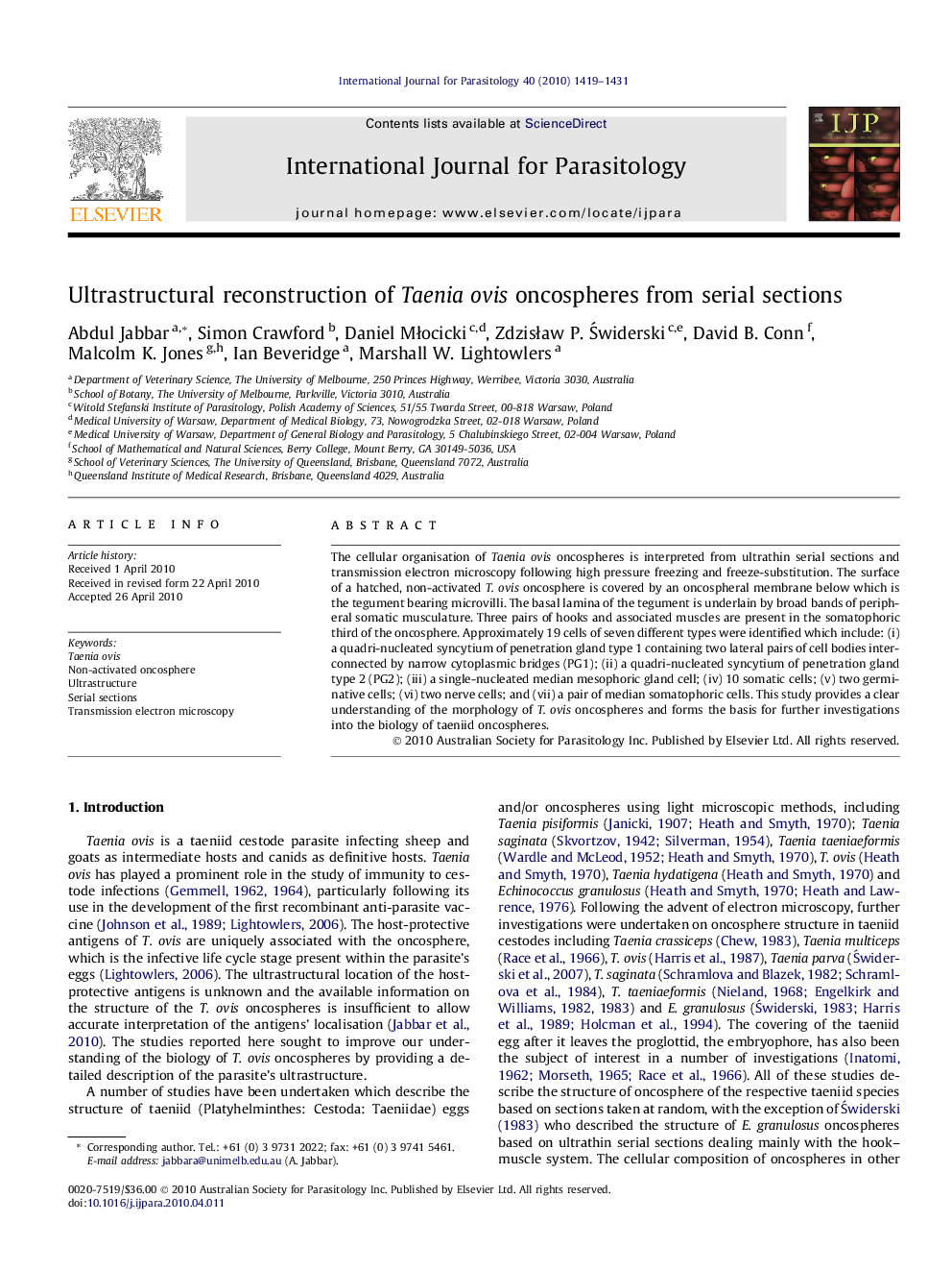 Ultrastructural reconstruction of Taenia ovis oncospheres from serial sections