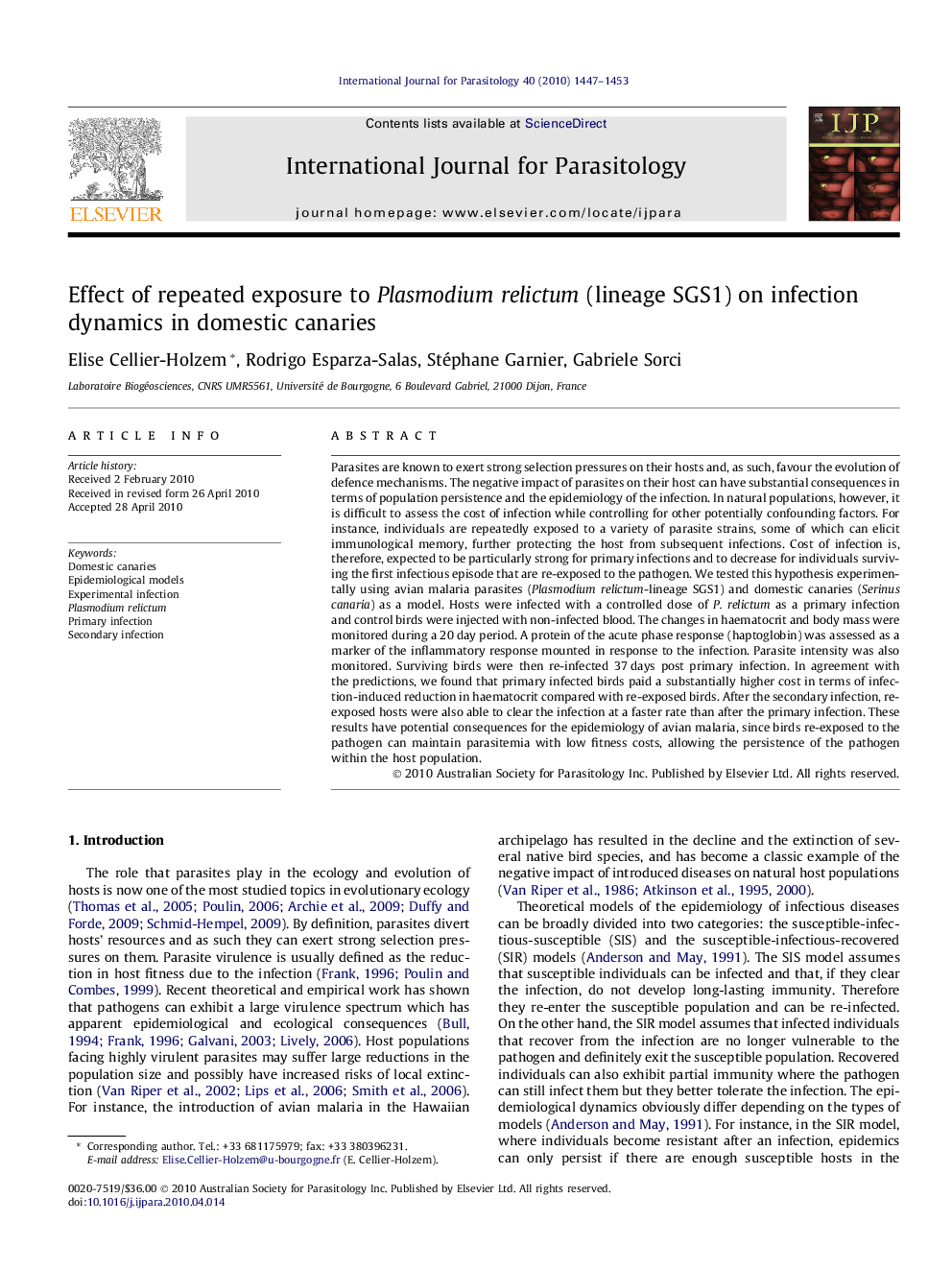 Effect of repeated exposure to Plasmodium relictum (lineage SGS1) on infection dynamics in domestic canaries