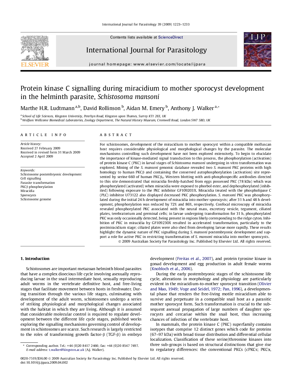 Protein kinase C signalling during miracidium to mother sporocyst development in the helminth parasite, Schistosoma mansoni