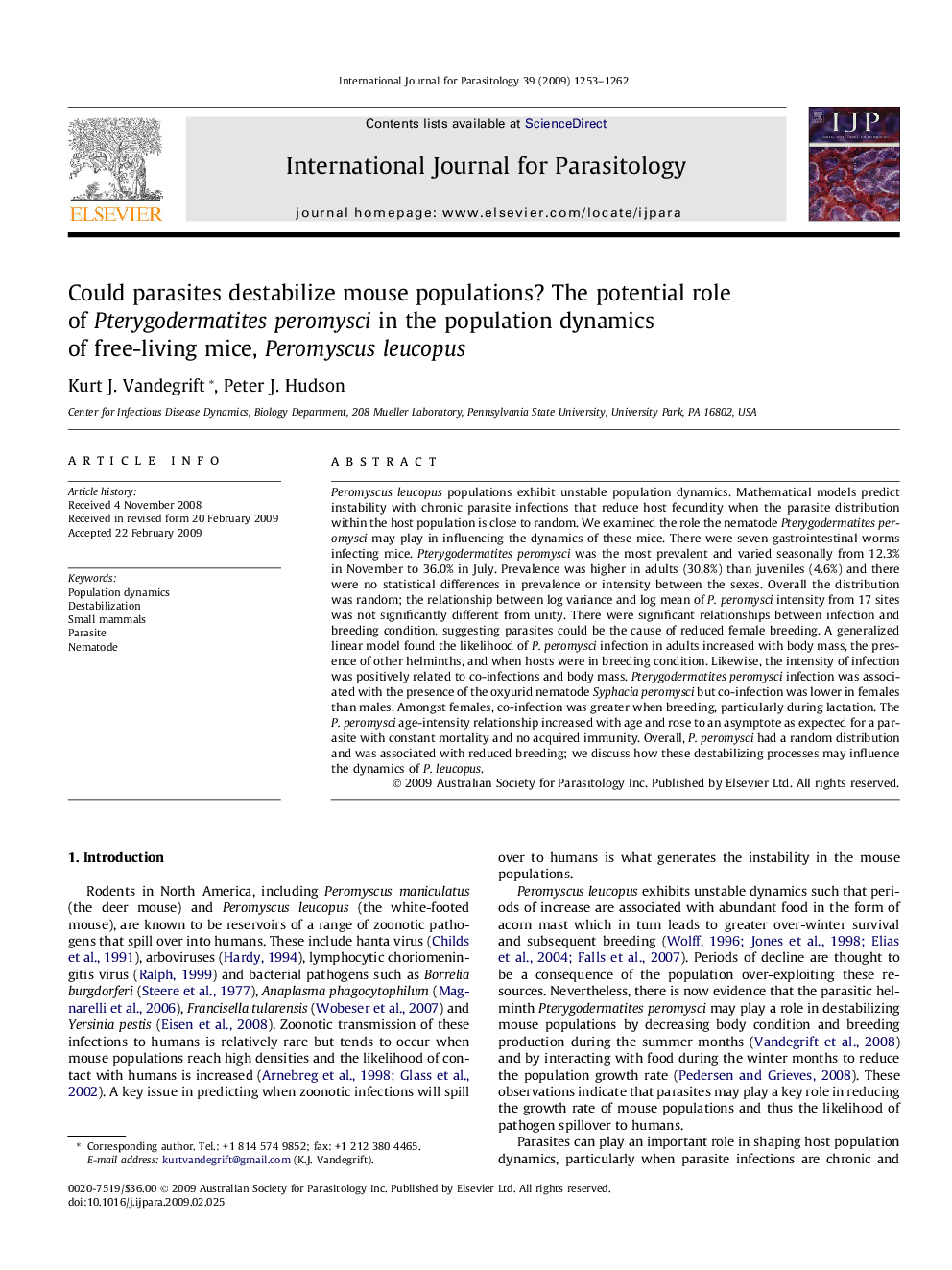 Could parasites destabilize mouse populations? The potential role of Pterygodermatites peromysci in the population dynamics of free-living mice, Peromyscus leucopus