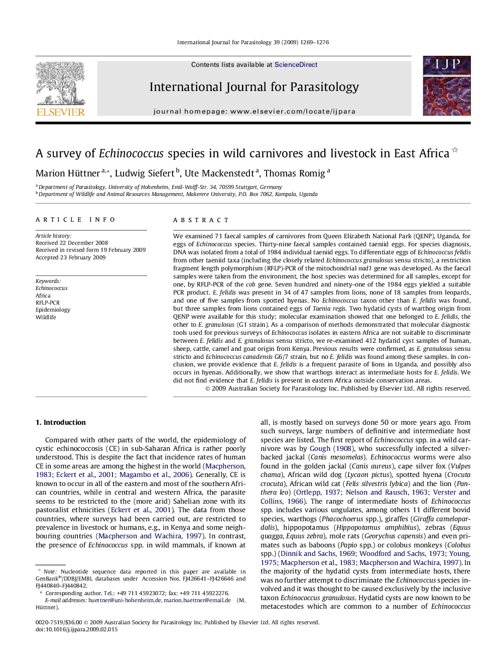 A survey of Echinococcus species in wild carnivores and livestock in East Africa 