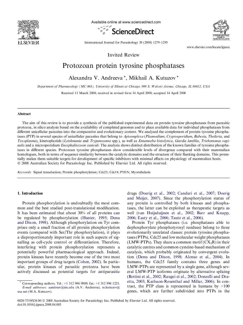 Protozoan protein tyrosine phosphatases