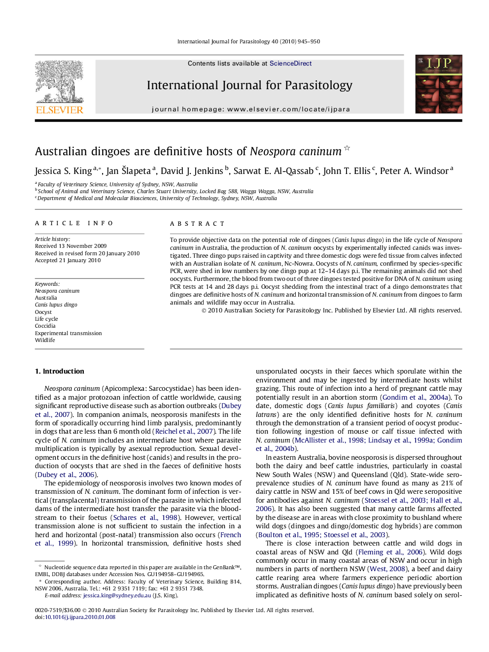 Australian dingoes are definitive hosts of Neospora caninum 