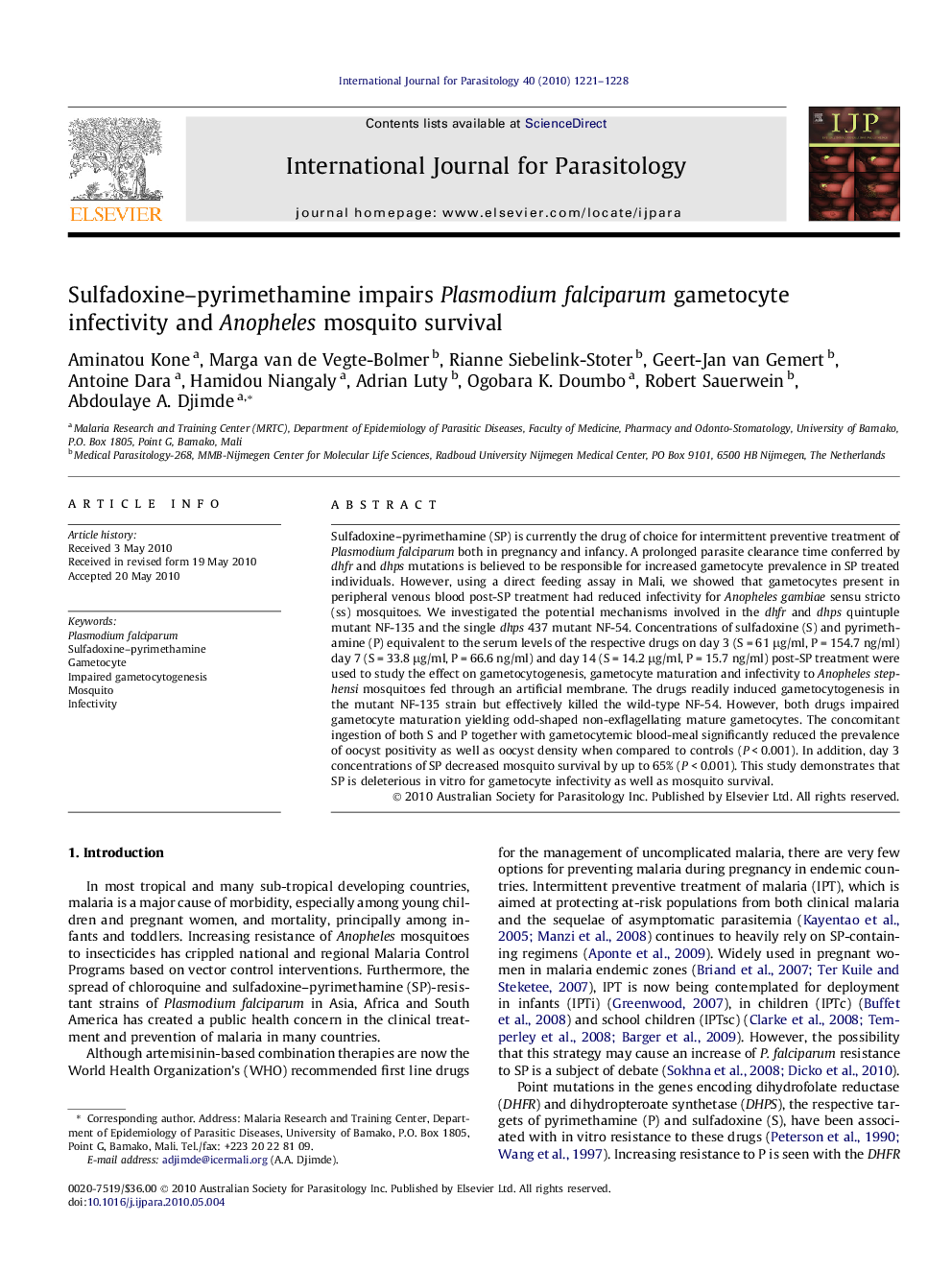 Sulfadoxine–pyrimethamine impairs Plasmodium falciparum gametocyte infectivity and Anopheles mosquito survival