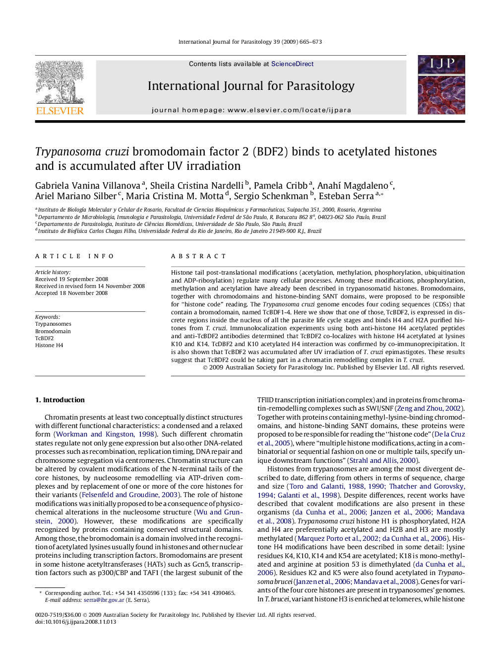 Trypanosoma cruzi bromodomain factor 2 (BDF2) binds to acetylated histones and is accumulated after UV irradiation