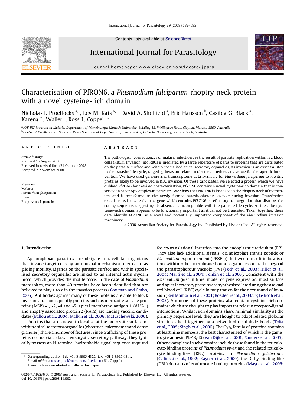 Characterisation of PfRON6, a Plasmodium falciparum rhoptry neck protein with a novel cysteine-rich domain