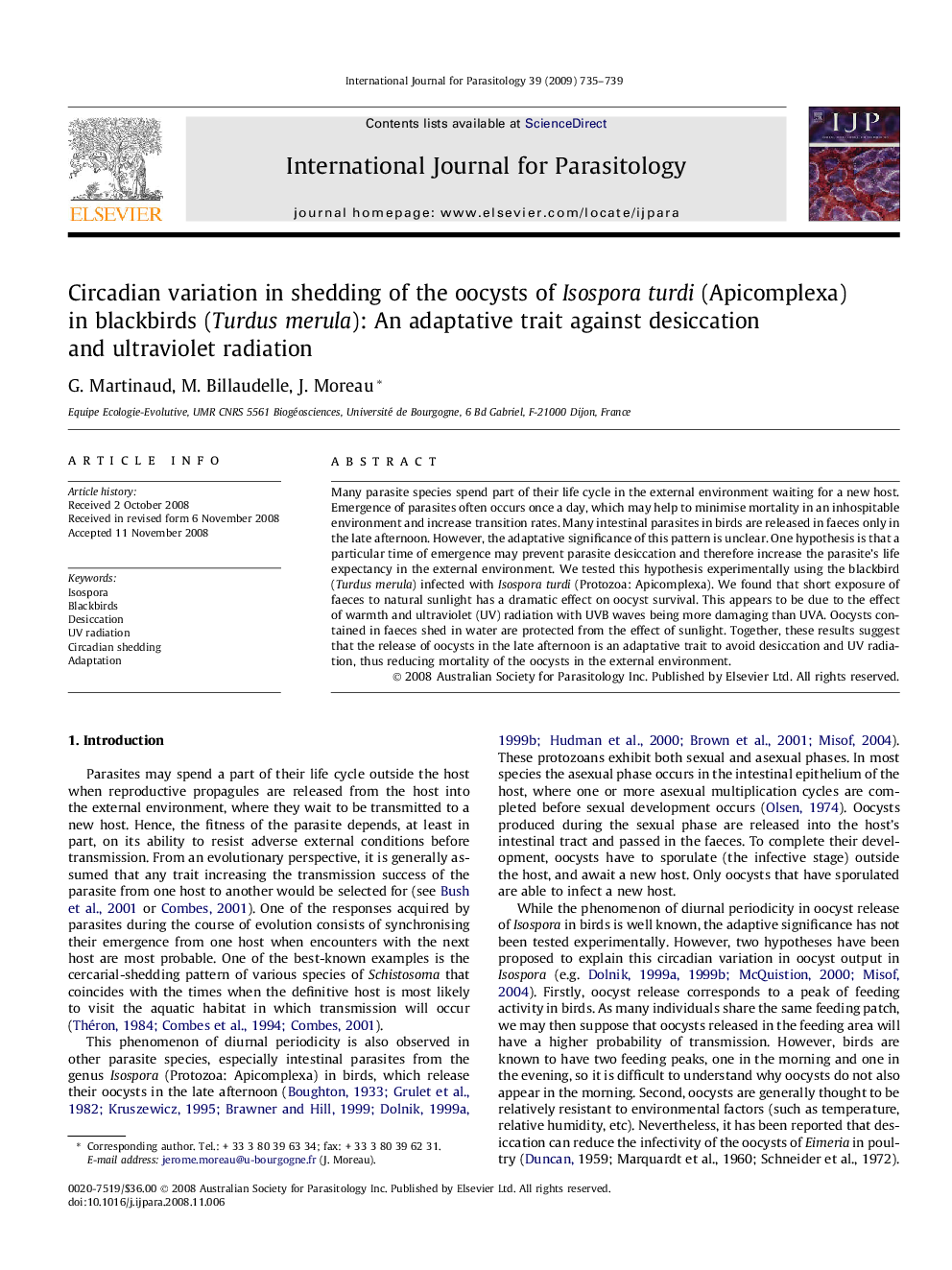 Circadian variation in shedding of the oocysts of Isospora turdi (Apicomplexa) in blackbirds (Turdusmerula): An adaptative trait against desiccation and ultraviolet radiation