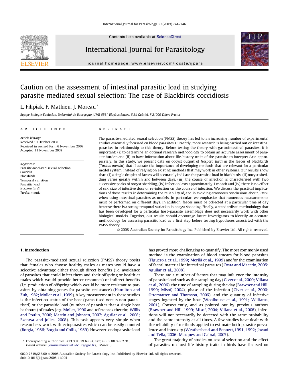 Caution on the assessment of intestinal parasitic load in studying parasite-mediated sexual selection: The case of Blackbirds coccidiosis