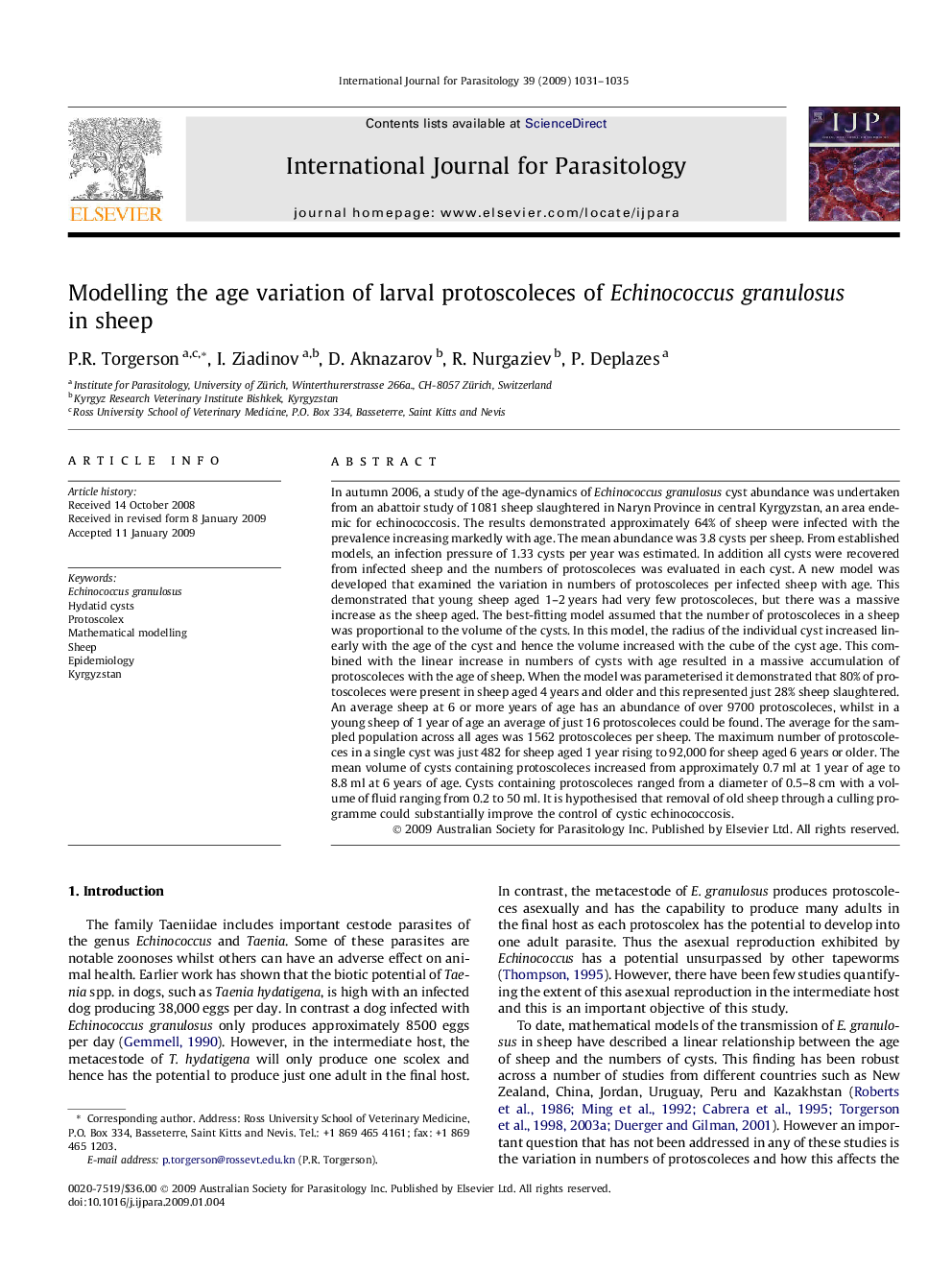 Modelling the age variation of larval protoscoleces of Echinococcus granulosus in sheep