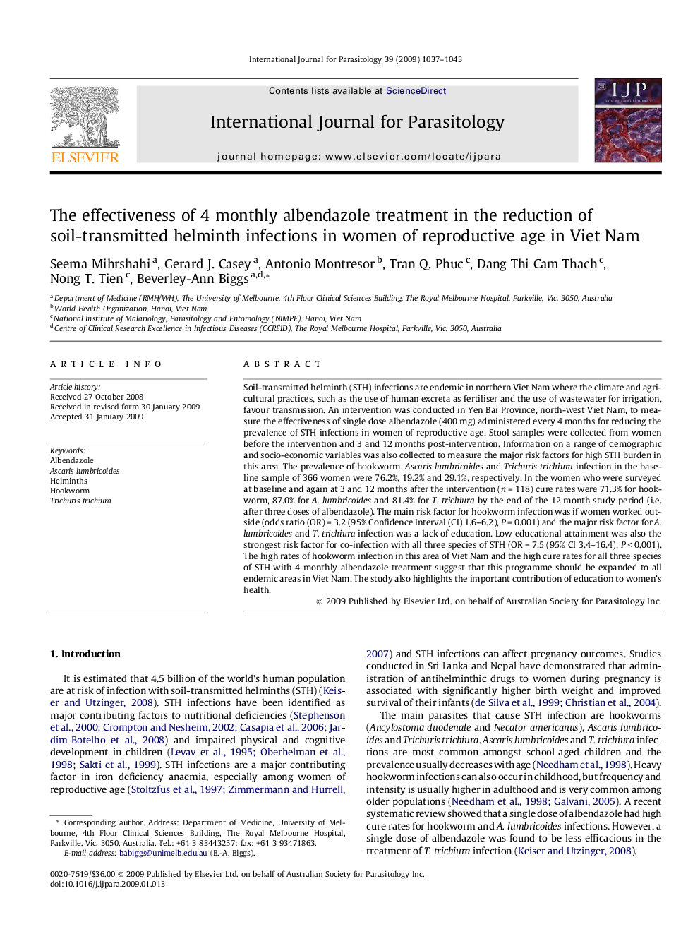 The effectiveness of 4 monthly albendazole treatment in the reduction of soil-transmitted helminth infections in women of reproductive age in Viet Nam