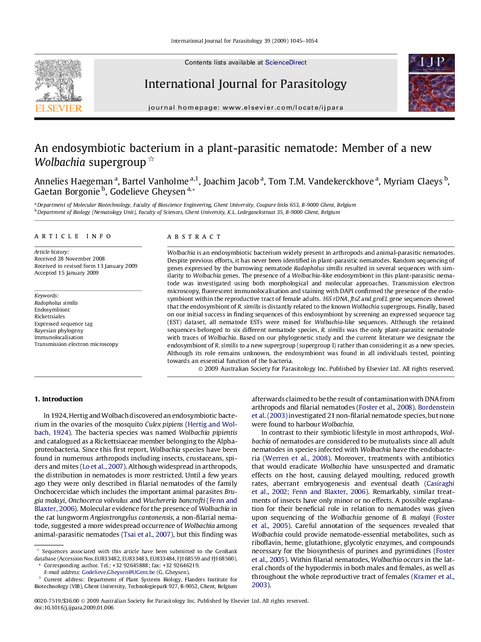 An endosymbiotic bacterium in a plant-parasitic nematode: Member of a new Wolbachia supergroup 