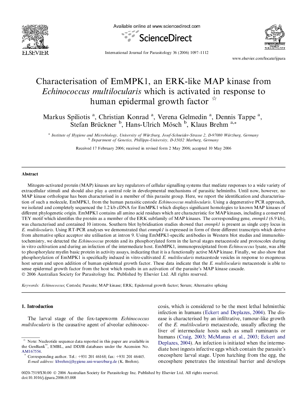 Characterisation of EmMPK1, an ERK-like MAP kinase from Echinococcus multilocularis which is activated in response to human epidermal growth factor 