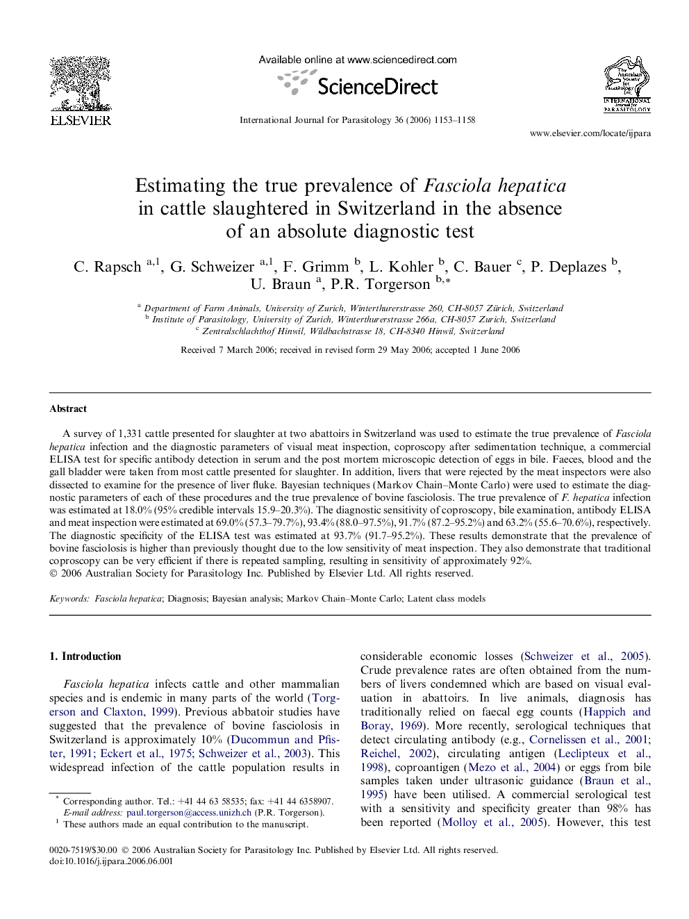 Estimating the true prevalence of Fasciola hepatica in cattle slaughtered in Switzerland in the absence of an absolute diagnostic test