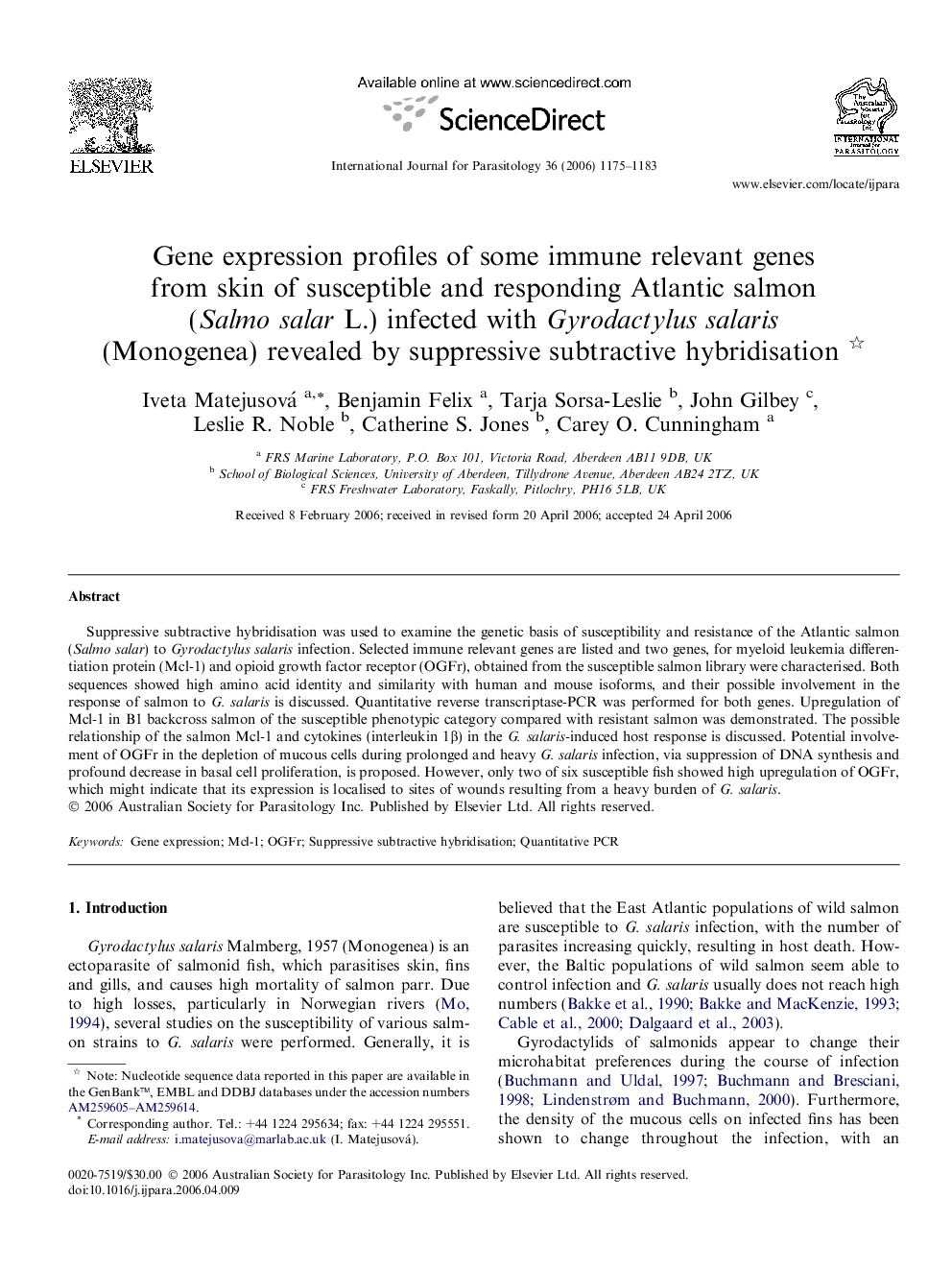 Gene expression profiles of some immune relevant genes from skin of susceptible and responding Atlantic salmon (Salmo salar L.) infected with Gyrodactylus salaris (Monogenea) revealed by suppressive subtractive hybridisation 