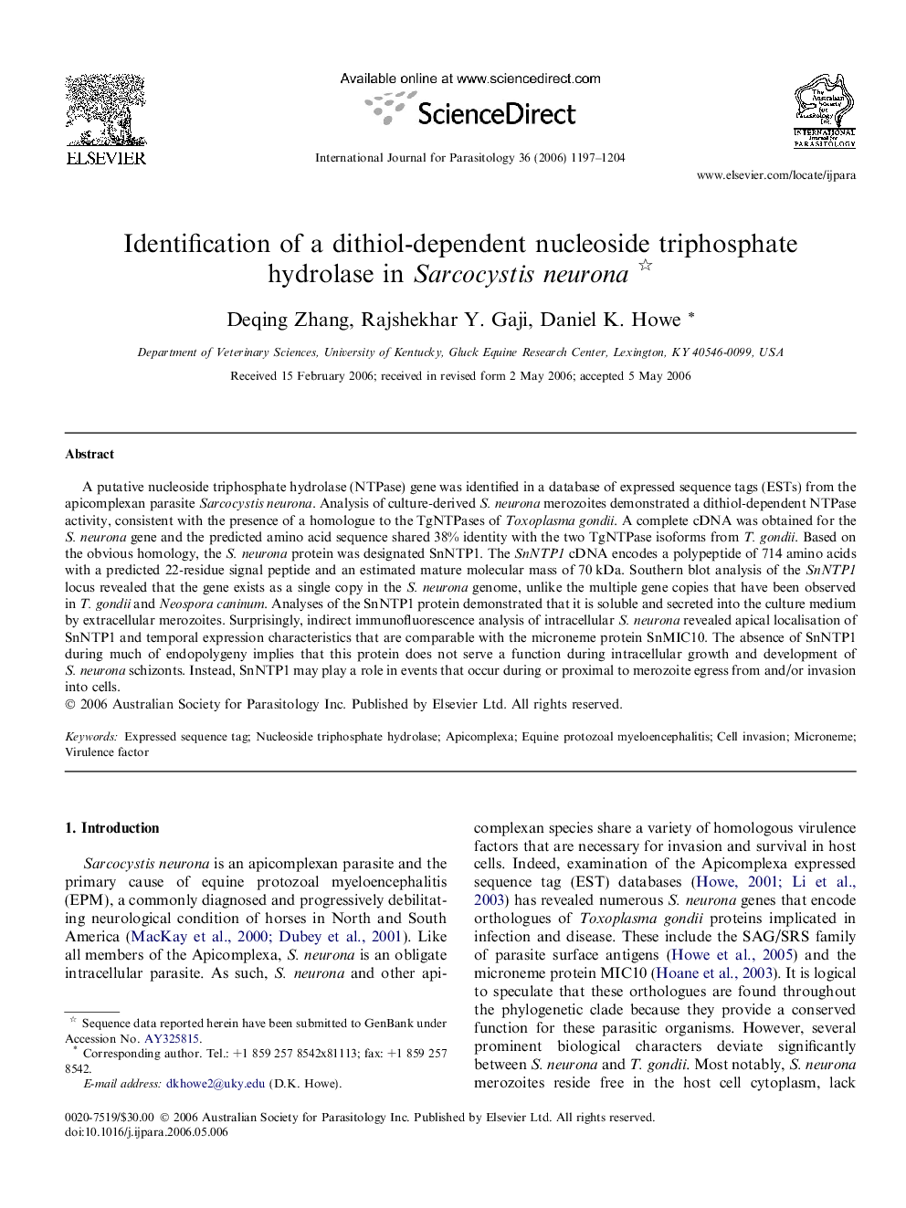 Identification of a dithiol-dependent nucleoside triphosphate hydrolase in Sarcocystis neurona 