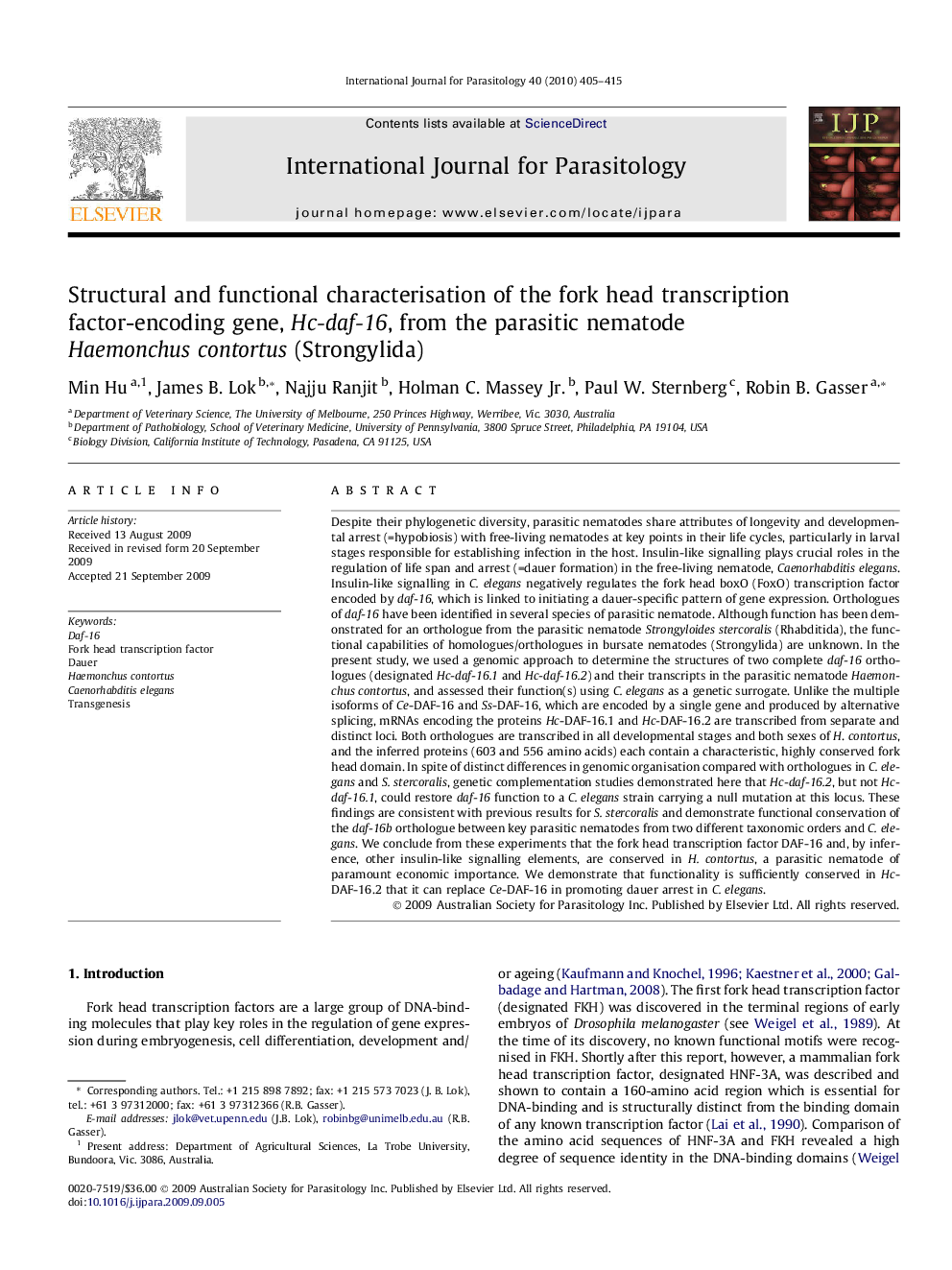 Structural and functional characterisation of the fork head transcription factor-encoding gene, Hc-daf-16, from the parasitic nematode Haemonchus contortus (Strongylida)