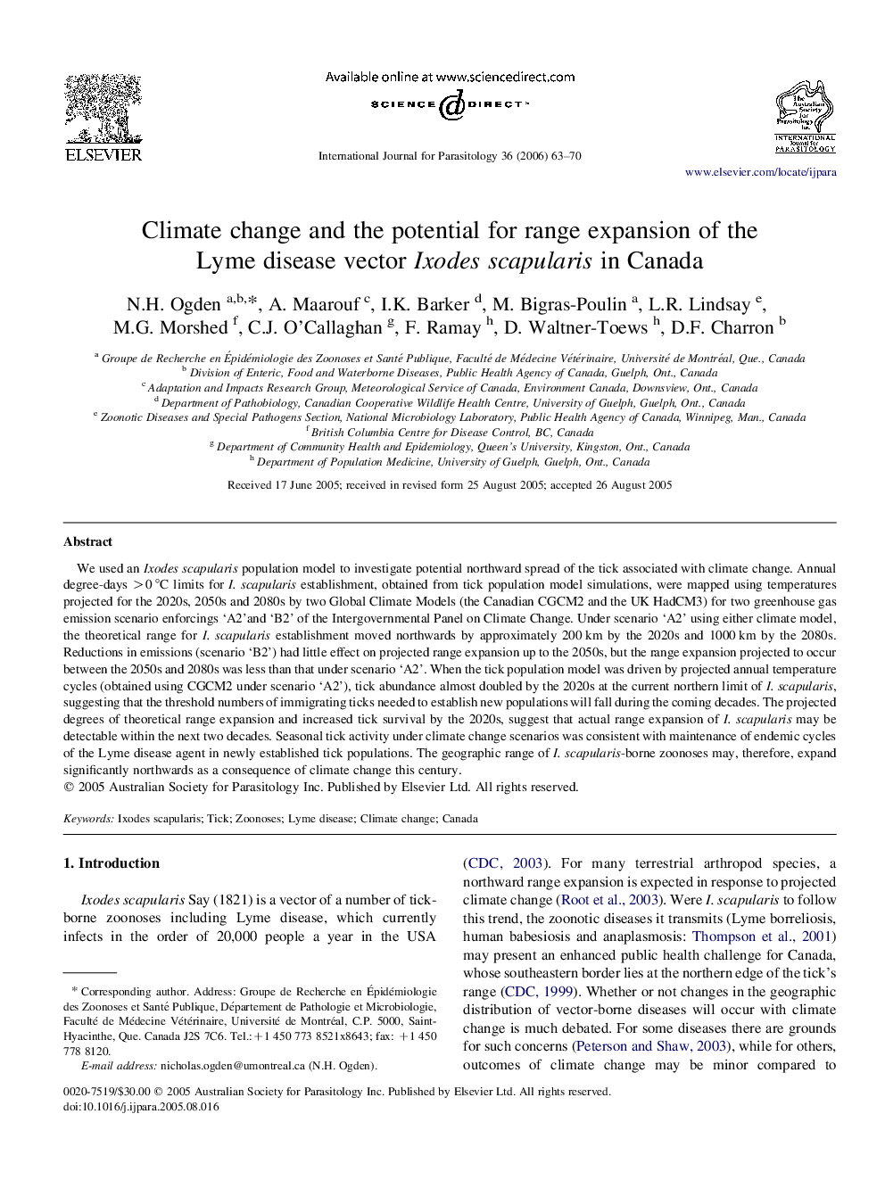 Climate change and the potential for range expansion of the Lyme disease vector Ixodes scapularis in Canada