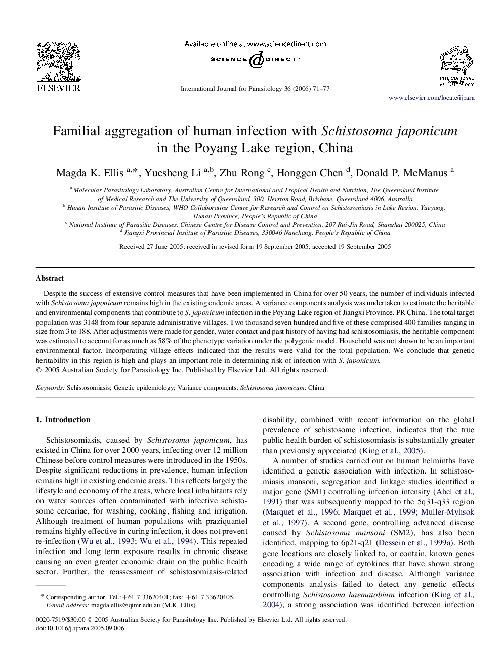 Familial aggregation of human infection with Schistosoma japonicum in the Poyang Lake region, China