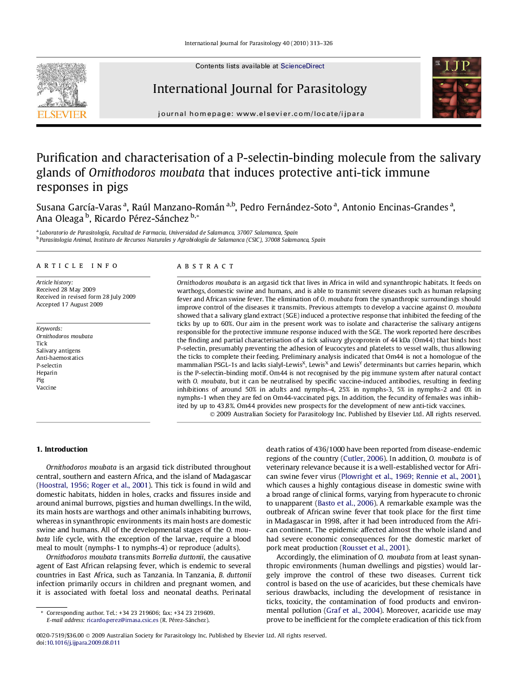 Purification and characterisation of a P-selectin-binding molecule from the salivary glands of Ornithodoros moubata that induces protective anti-tick immune responses in pigs