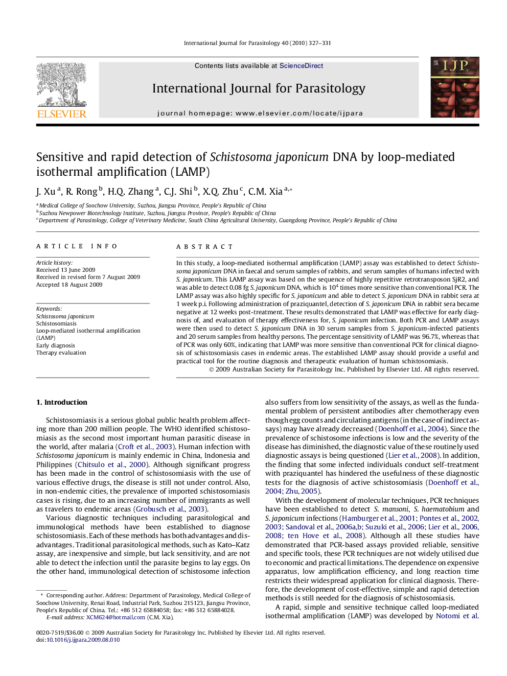 Sensitive and rapid detection of Schistosoma japonicum DNA by loop-mediated isothermal amplification (LAMP)