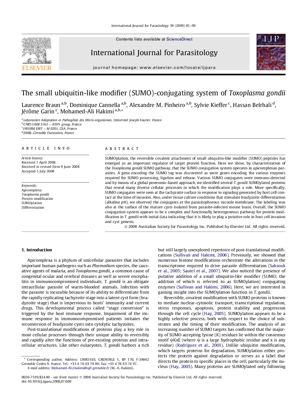 The small ubiquitin-like modifier (SUMO)-conjugating system of Toxoplasma gondii