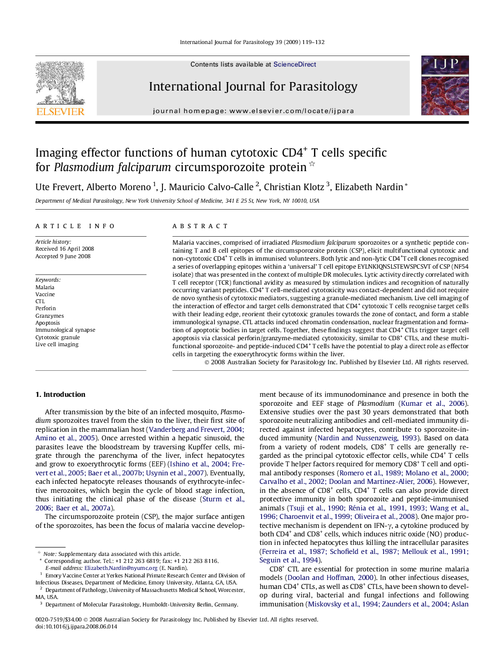 Imaging effector functions of human cytotoxic CD4+ T cells specific for Plasmodium falciparum circumsporozoite protein 