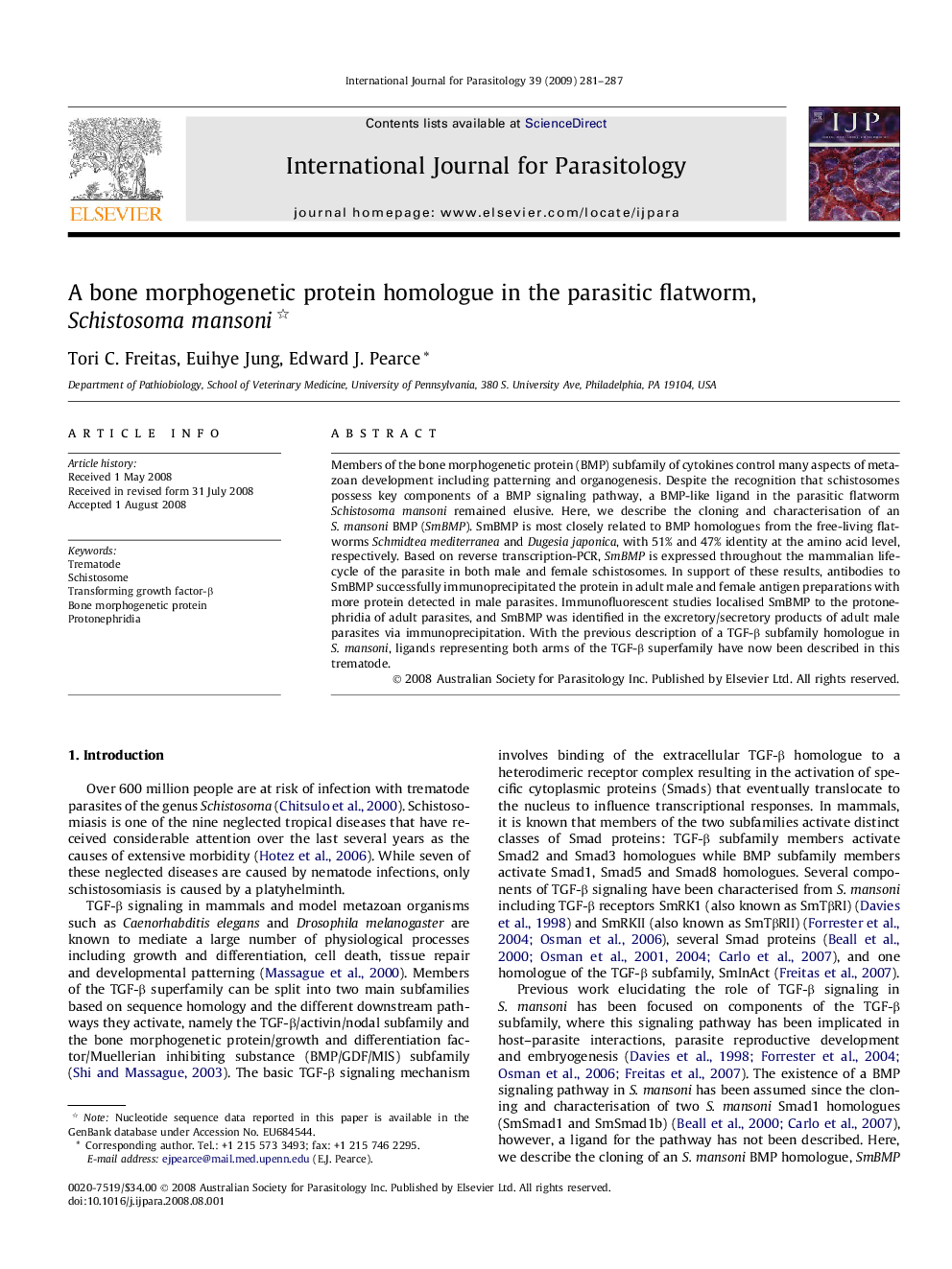 A bone morphogenetic protein homologue in the parasitic flatworm, Schistosoma mansoni 