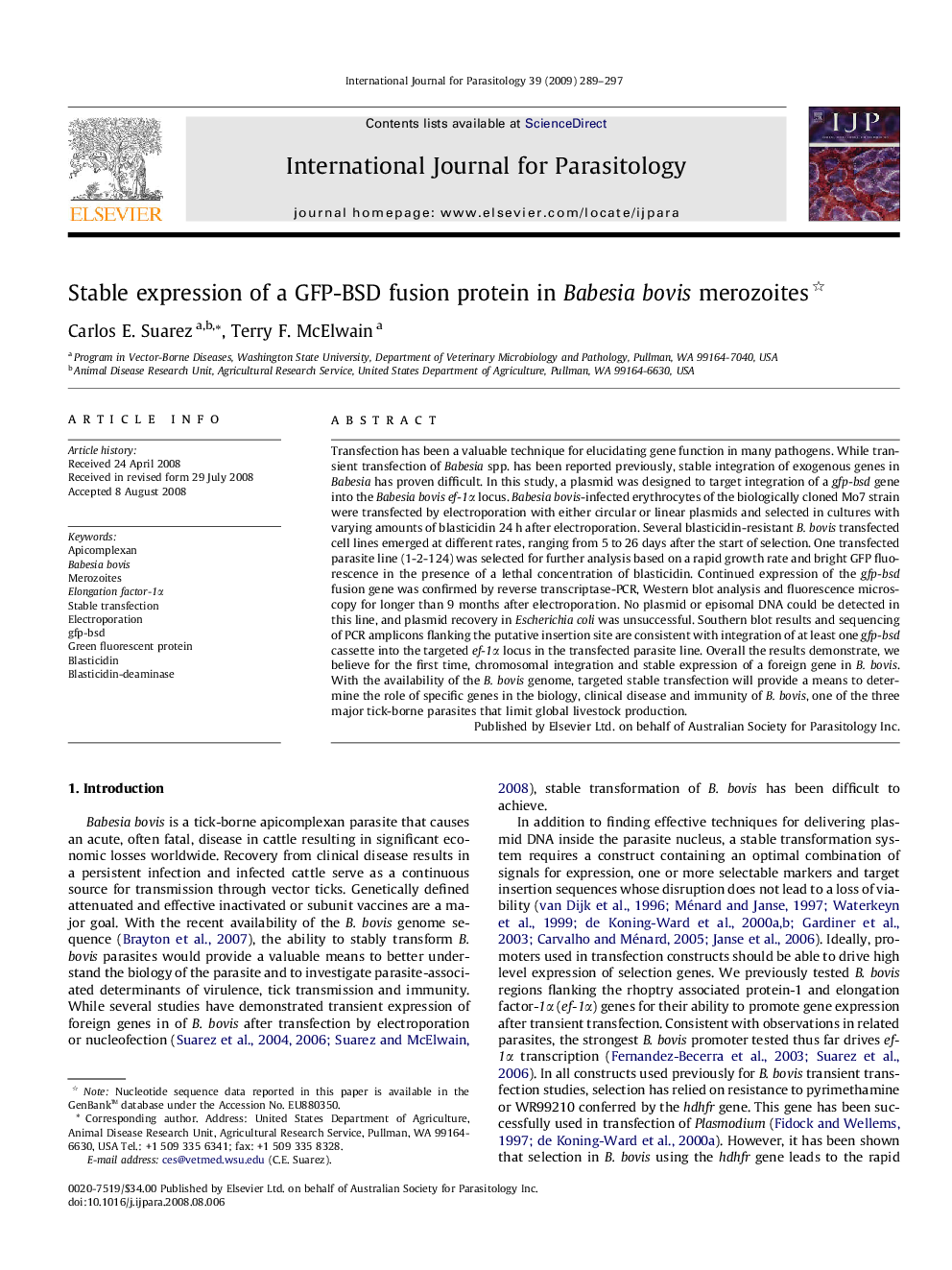 Stable expression of a GFP-BSD fusion protein in Babesia bovis merozoites 