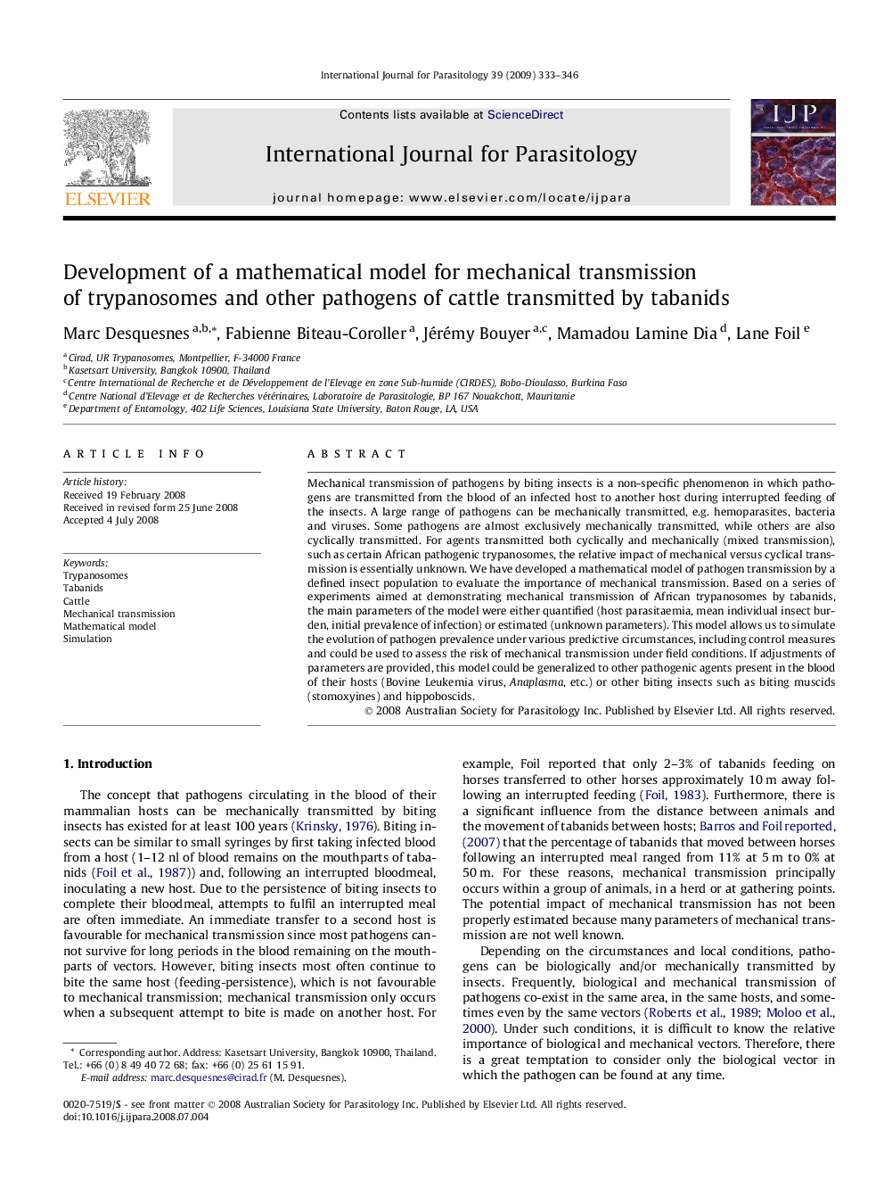 Development of a mathematical model for mechanical transmission of trypanosomes and other pathogens of cattle transmitted by tabanids