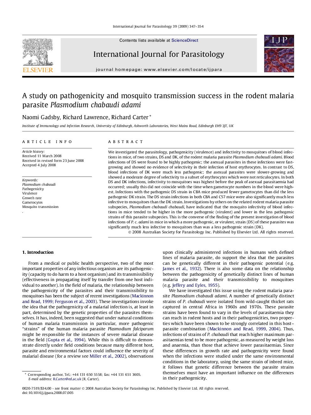 A study on pathogenicity and mosquito transmission success in the rodent malaria parasite Plasmodium chabaudi adami