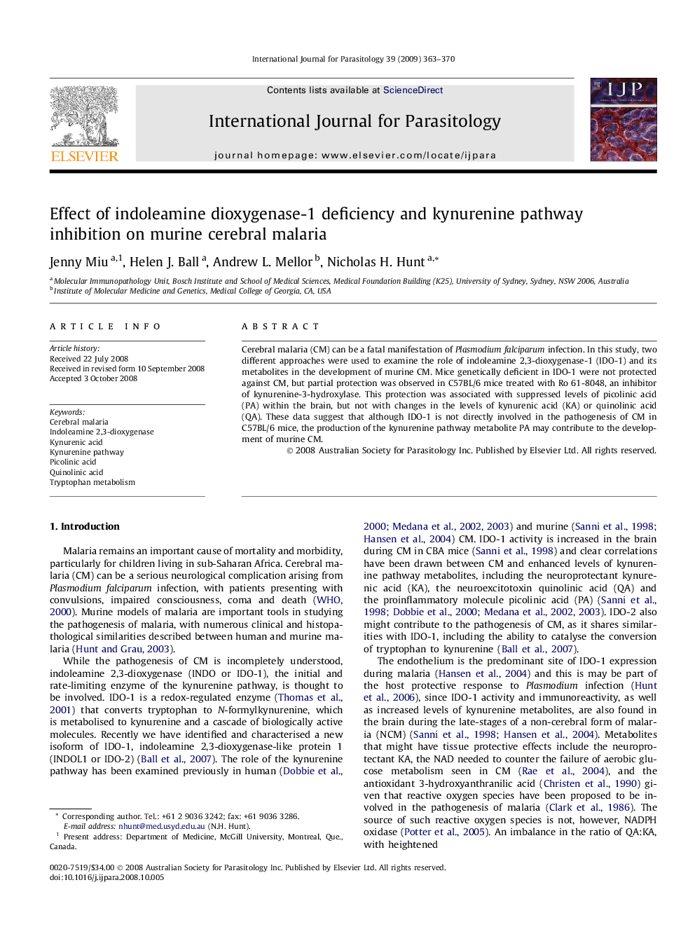 Effect of indoleamine dioxygenase-1 deficiency and kynurenine pathway inhibition on murine cerebral malaria