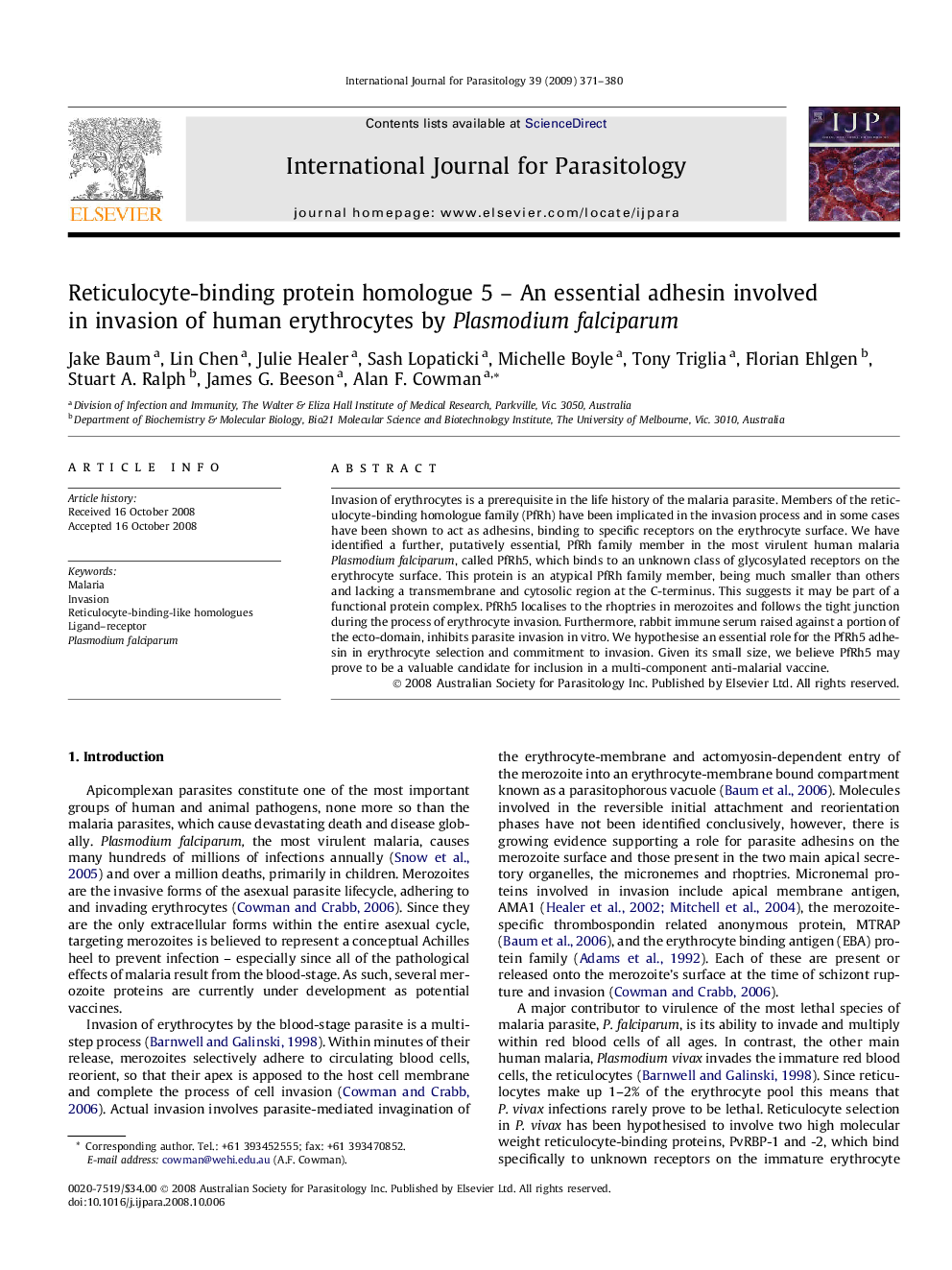 Reticulocyte-binding protein homologue 5 – An essential adhesin involved in invasion of human erythrocytes by Plasmodium falciparum