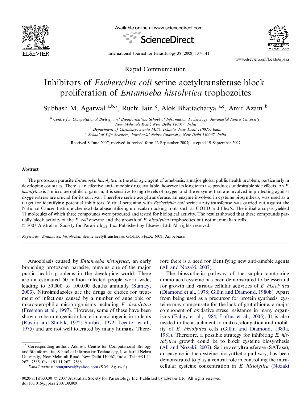 Inhibitors of Escherichia coli serine acetyltransferase block proliferation of Entamoeba histolytica trophozoites