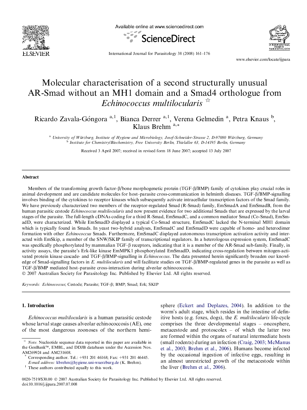 Molecular characterisation of a second structurally unusual AR-Smad without an MH1 domain and a Smad4 orthologue from Echinococcus multilocularis 