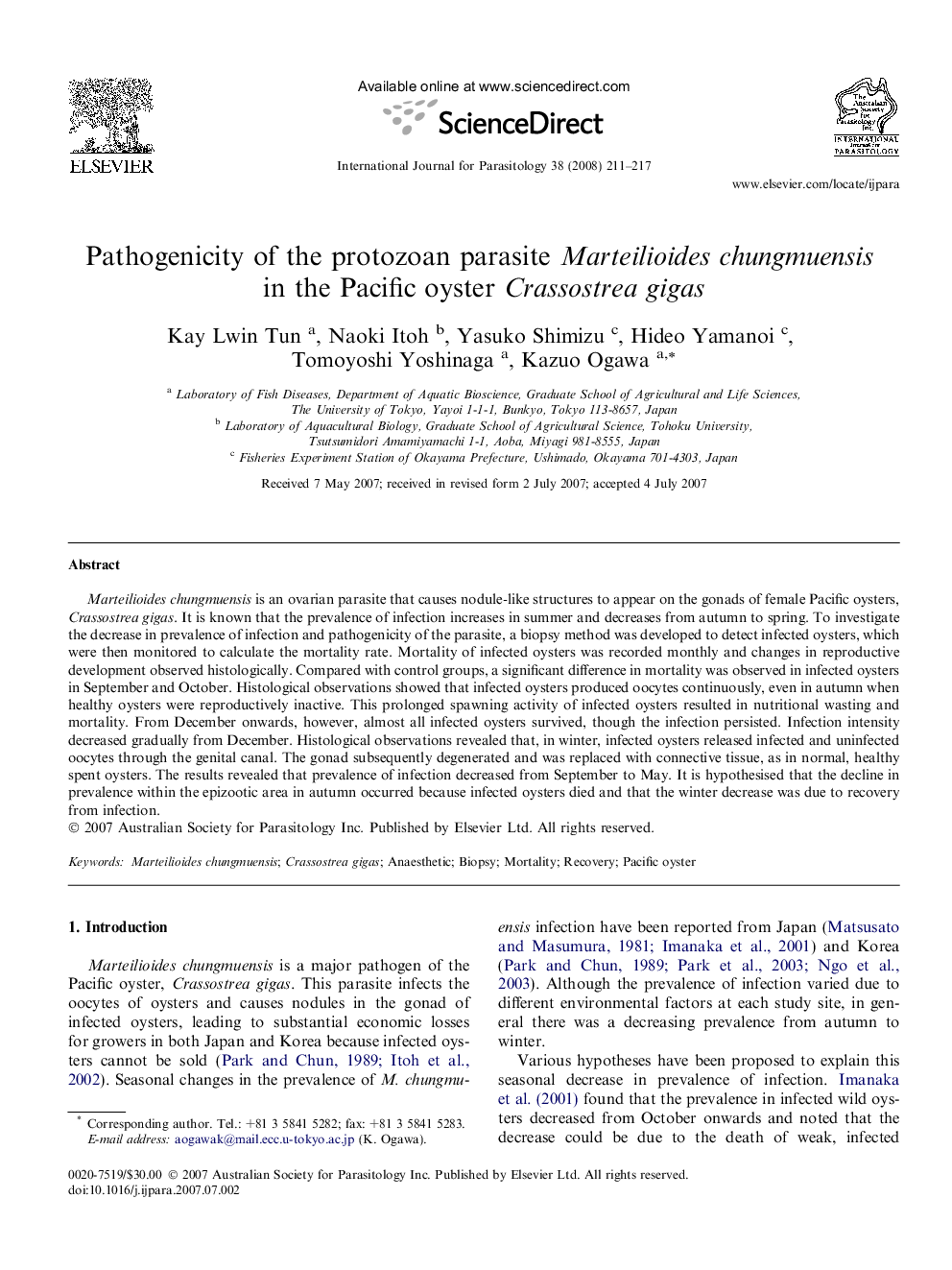 Pathogenicity of the protozoan parasite Marteilioides chungmuensis in the Pacific oyster Crassostrea gigas