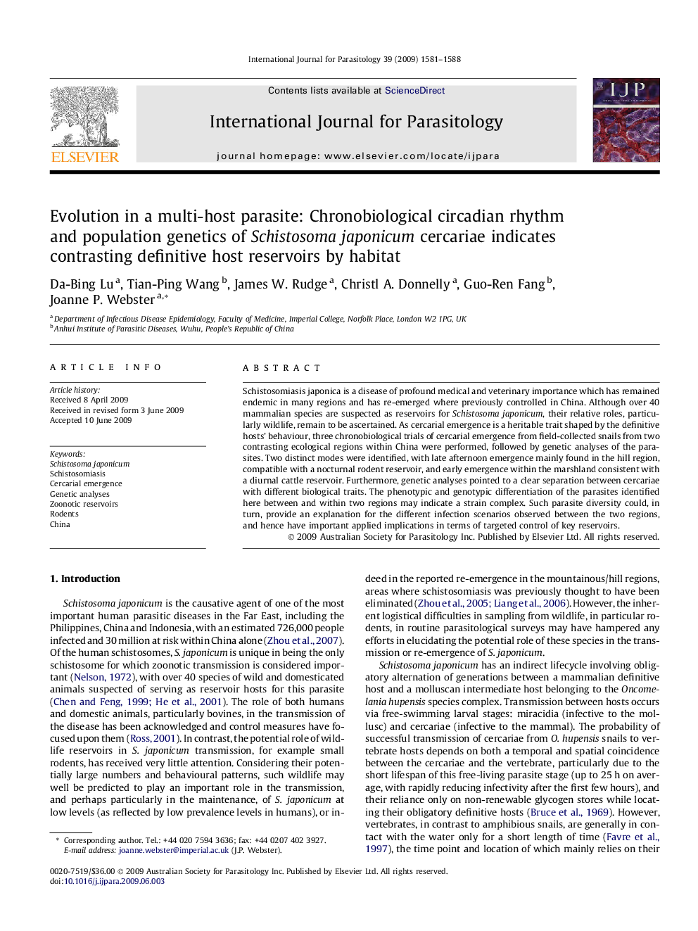 Evolution in a multi-host parasite: Chronobiological circadian rhythm and population genetics of Schistosoma japonicum cercariae indicates contrasting definitive host reservoirs by habitat