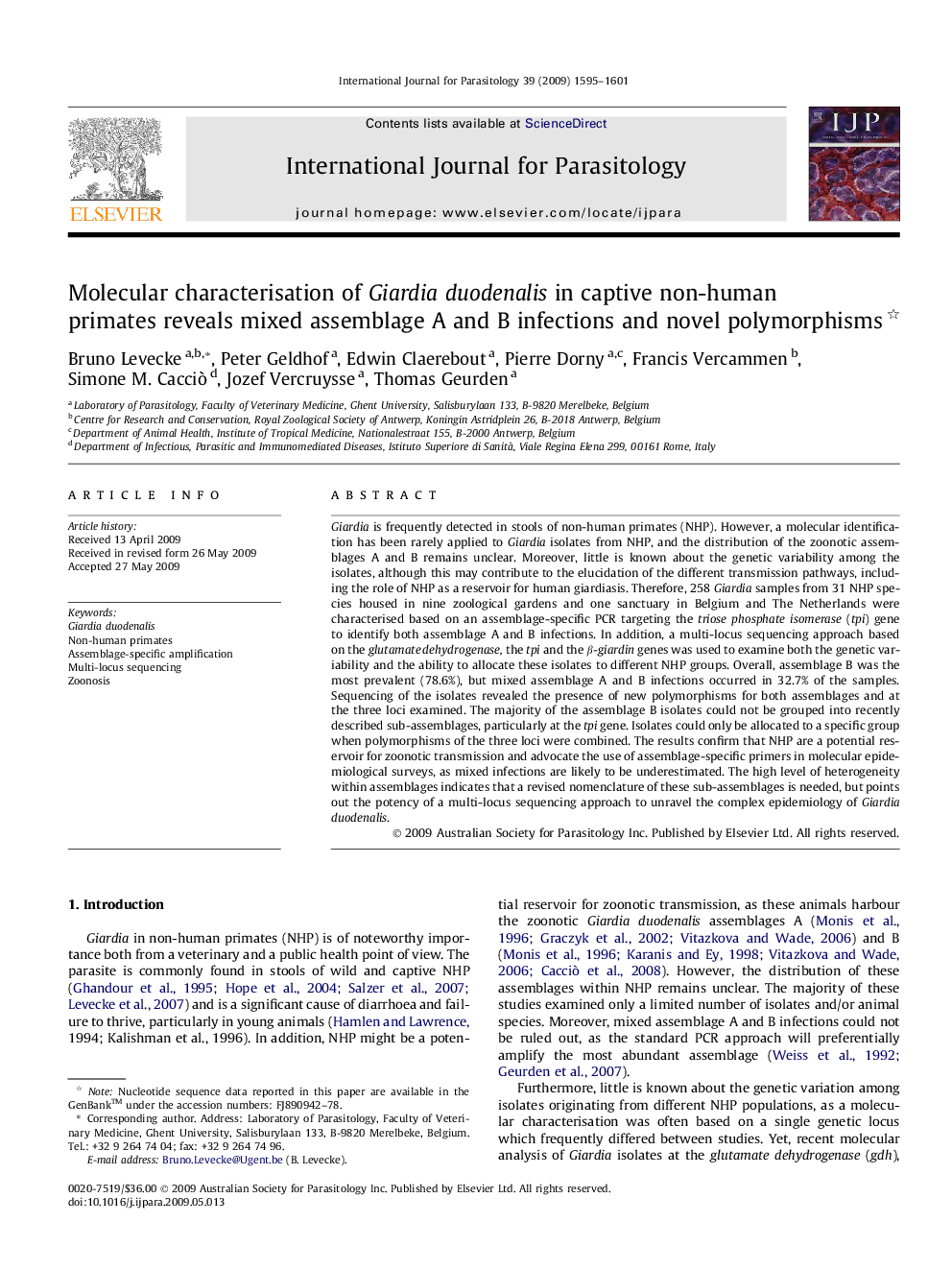 Molecular characterisation of Giardiaduodenalis in captive non-human primates reveals mixed assemblage A and B infections and novel polymorphisms 