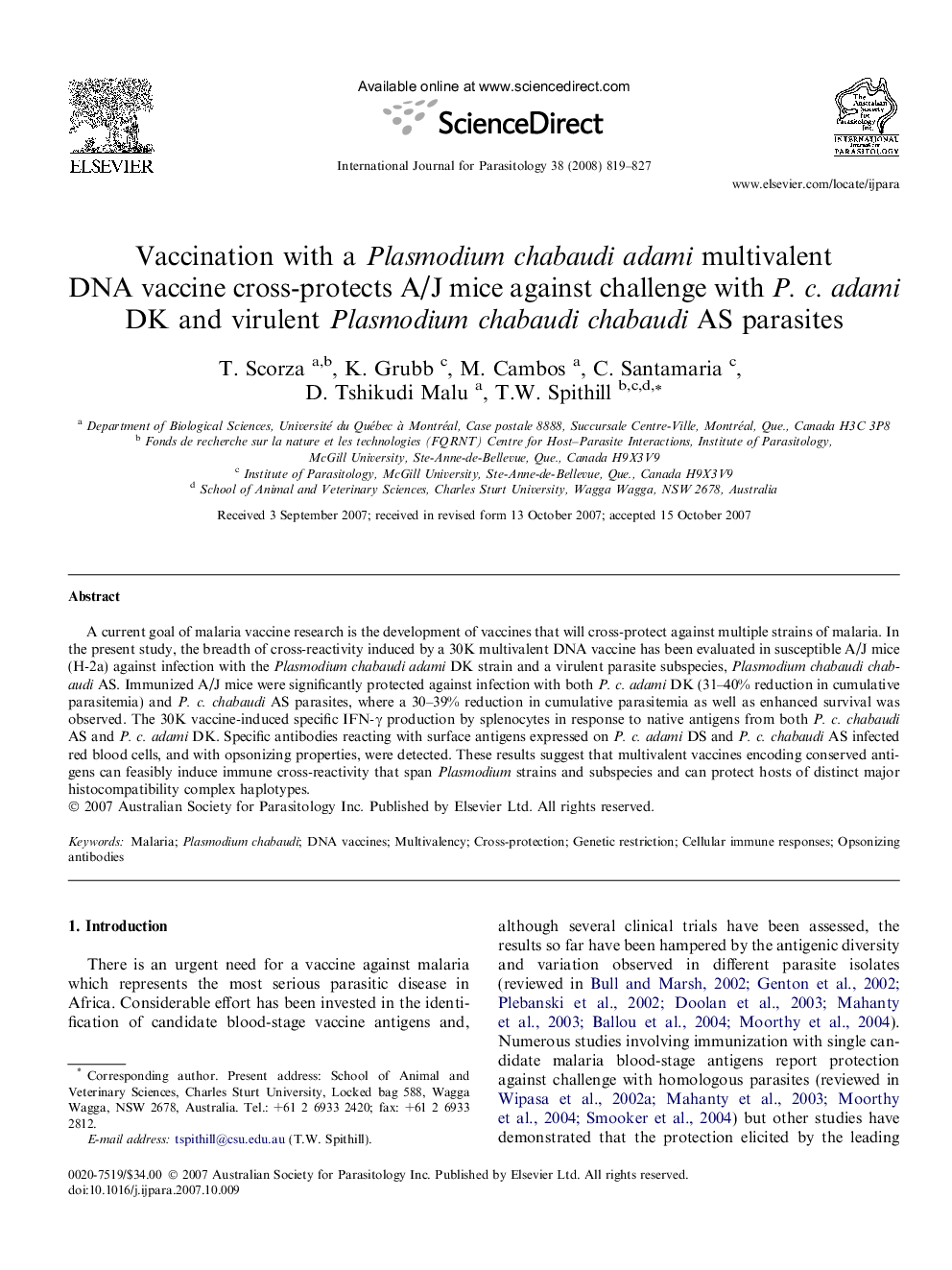 عکس صفحه اول مقاله: Vaccination with a Plasmodium chabaudi adami multivalent DNA vaccine cross-protects A/J mice against challenge with P. c. adami DK and virulent Plasmodium chabaudi chabaudi AS parasites Vaccination with a Plasmodium chabaudi adami multivalent DNA vaccine cross-protects A/J mice against challenge with P. c. adami DK and virulent Plasmodium chabaudi chabaudi AS parasites