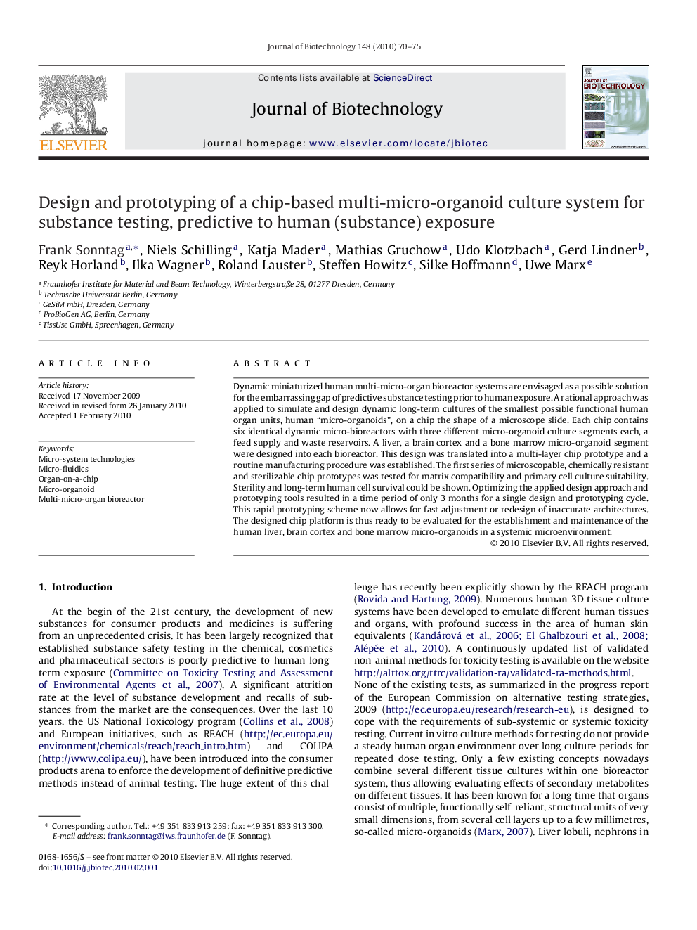 Design and prototyping of a chip-based multi-micro-organoid culture system for substance testing, predictive to human (substance) exposure