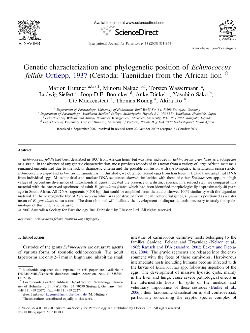 Genetic characterization and phylogenetic position of Echinococcus felidis Ortlepp, 1937 (Cestoda: Taeniidae) from the African lion 