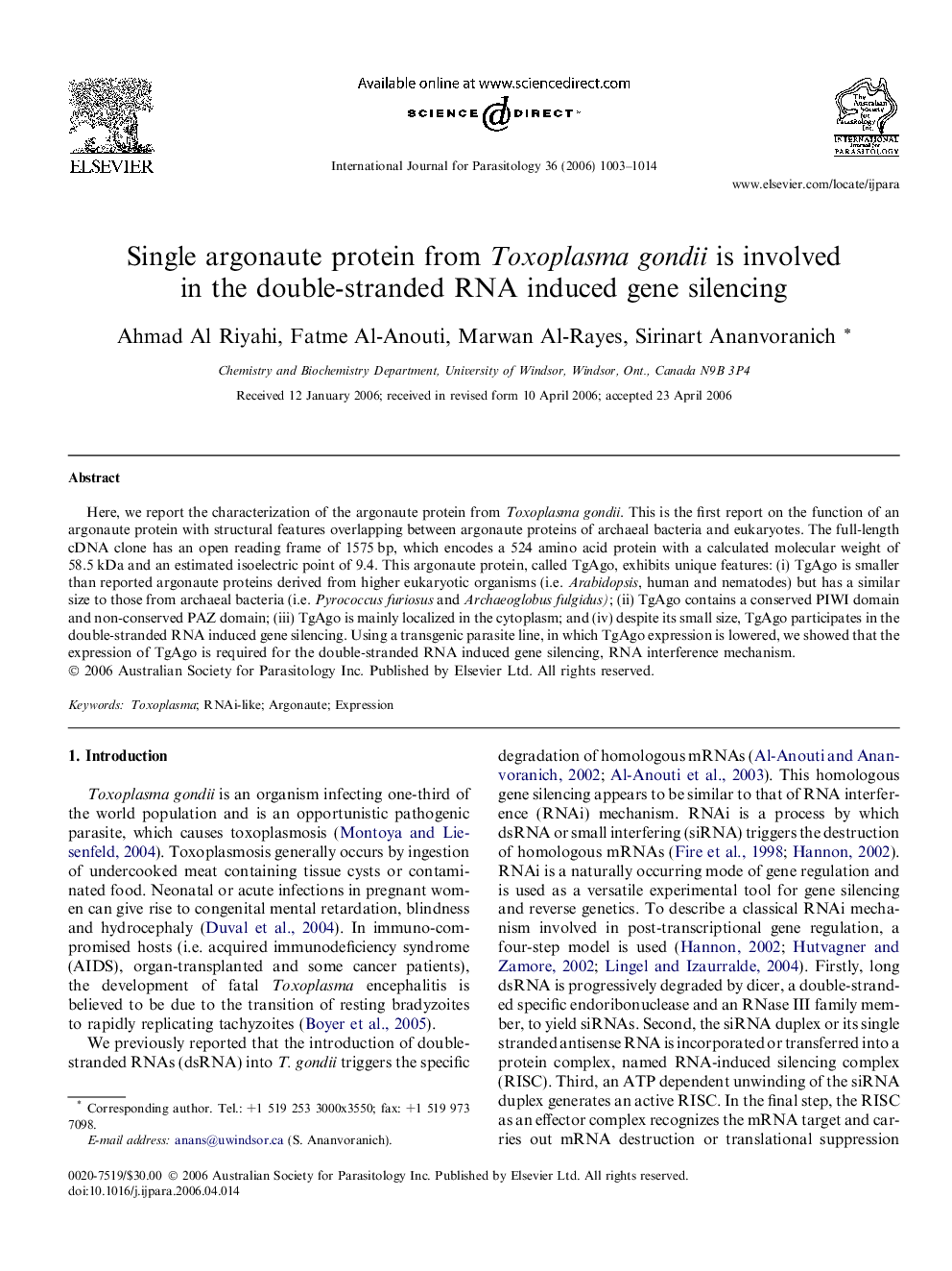 Single argonaute protein from Toxoplasma gondii is involved in the double-stranded RNA induced gene silencing