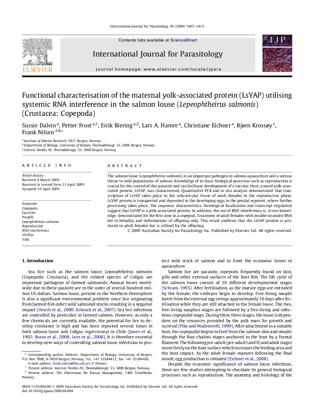 Functional characterisation of the maternal yolk-associated protein (LsYAP) utilising systemic RNA interference in the salmon louse (Lepeophtheirus salmonis) (Crustacea: Copepoda)