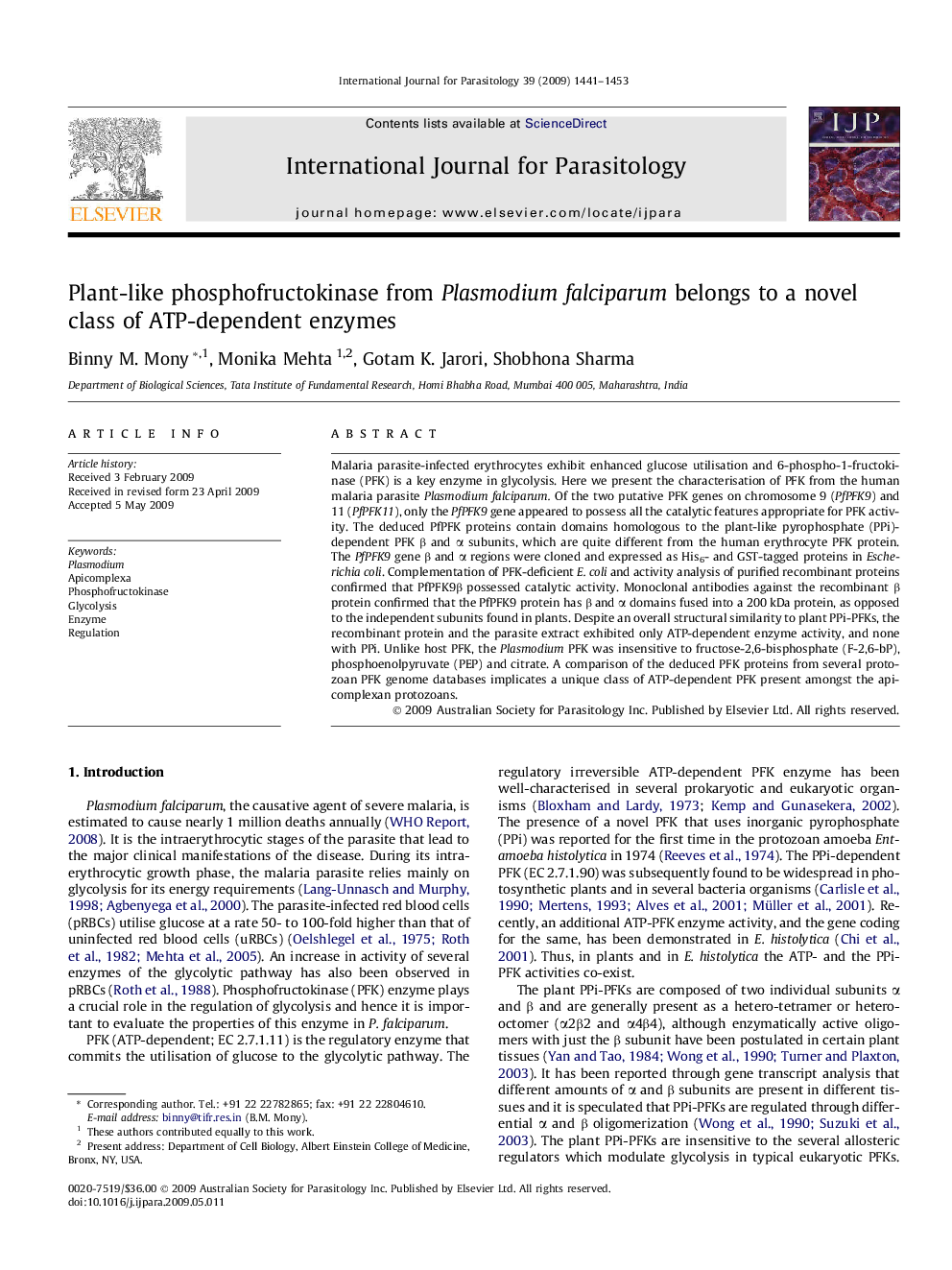 Plant-like phosphofructokinase from Plasmodium falciparum belongs to a novel class of ATP-dependent enzymes