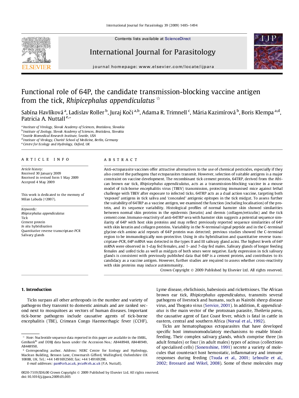 Functional role of 64P, the candidate transmission-blocking vaccine antigen from the tick, Rhipicephalus appendiculatus 