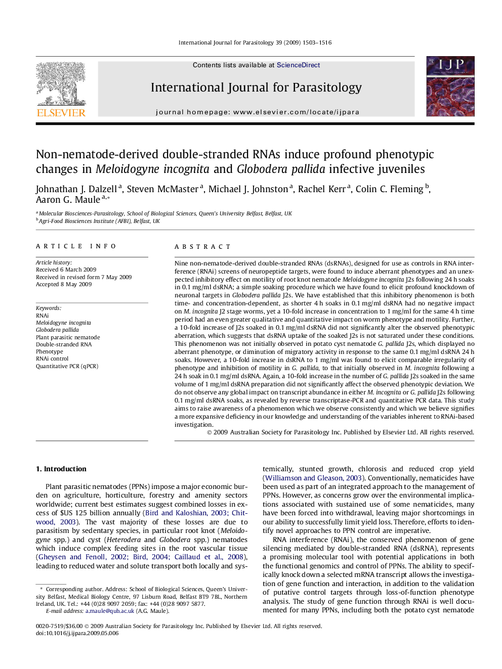 Non-nematode-derived double-stranded RNAs induce profound phenotypic changes in Meloidogyne incognita and Globodera pallida infective juveniles