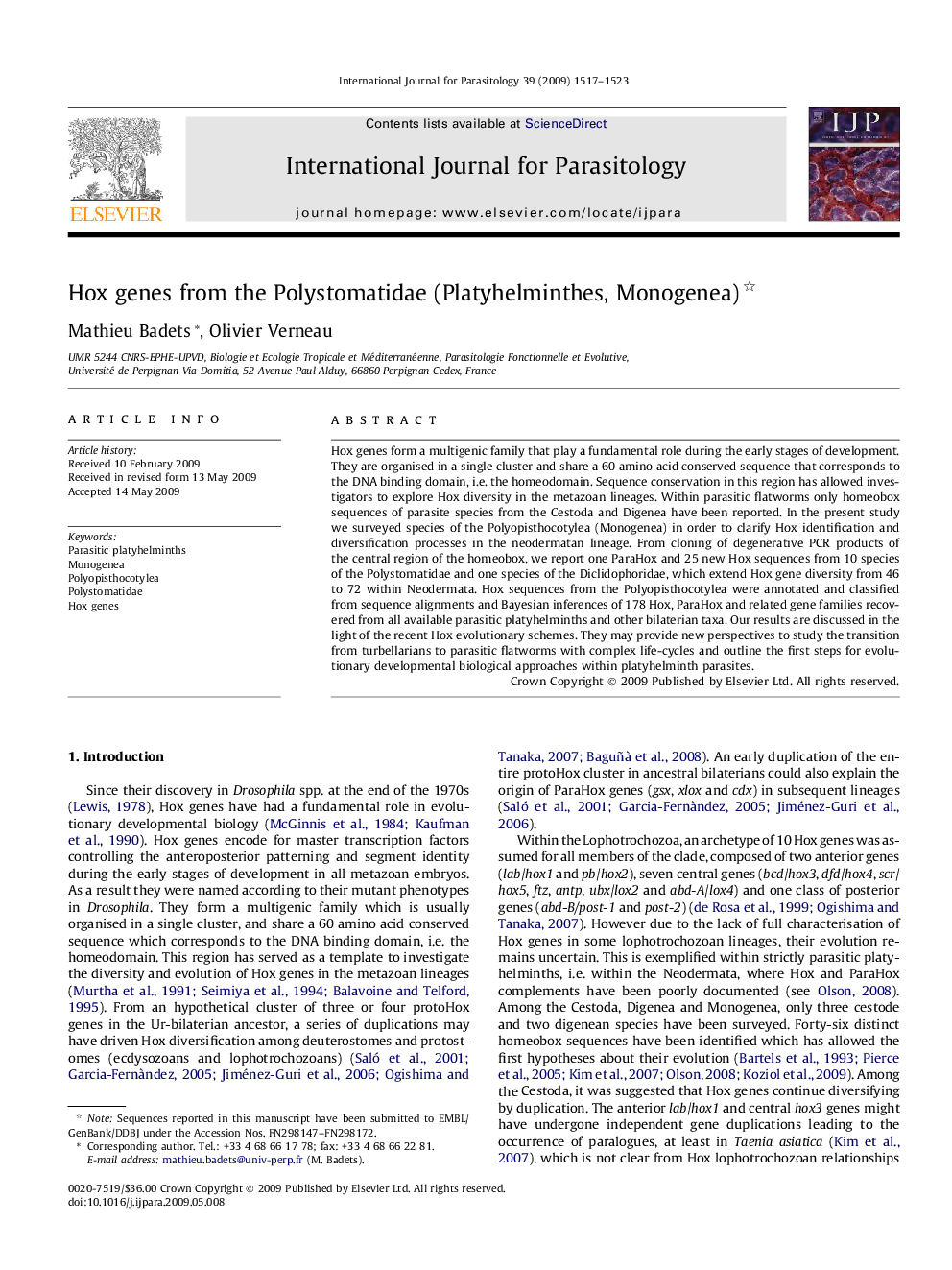 Hox genes from the Polystomatidae (Platyhelminthes, Monogenea) 